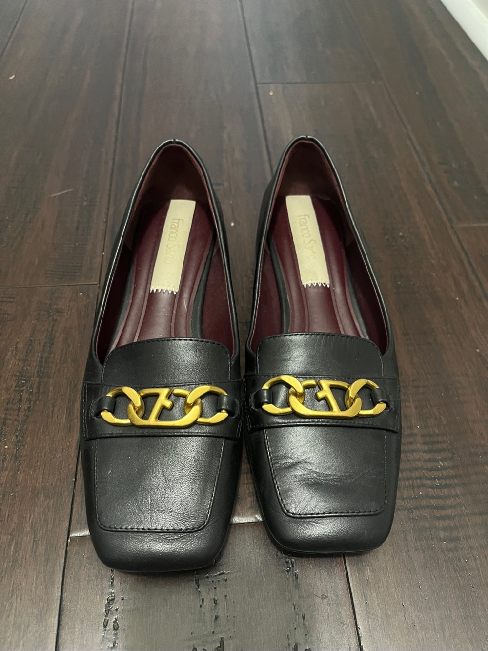 Franco Sarto Black Leather Loafers with Gold Chain Detail